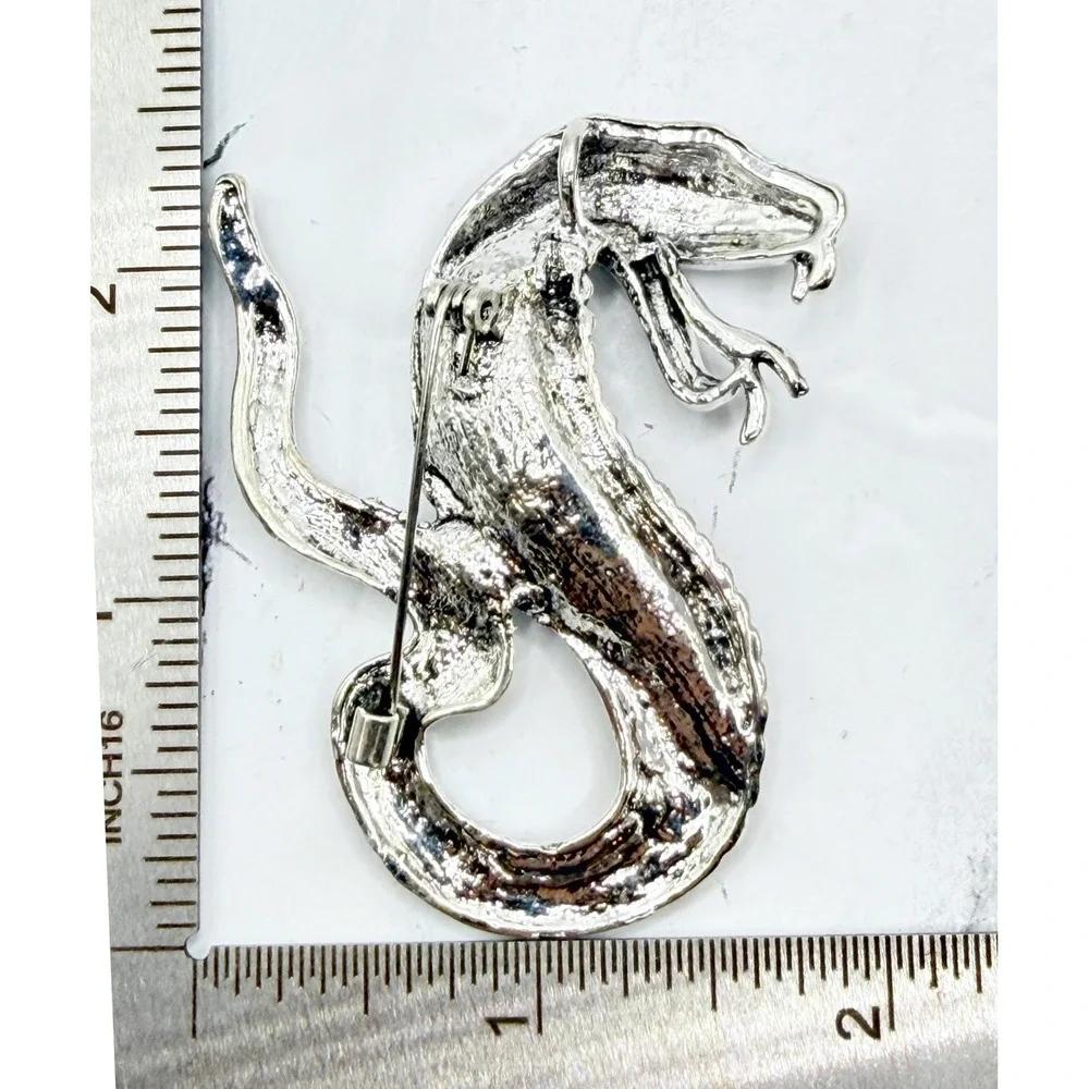 Cobra Snake Brooch Silver Tone Clear Rhinestone Coiled Serpent Pin 2.5